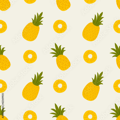 Pineapple Pattern on White Background. Summer Texture. Tropical Party Seamless Background. Fruit Vector Illustration in Flat Cartoon Style.