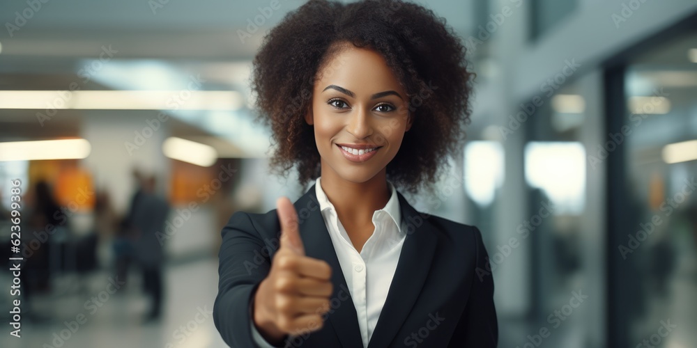 Happy business woman african american giving thumbs up looking at camera. Happy girl standing in creative office. Successful businesswoman standing in office with copy space, generative ai