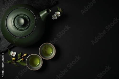 Japanese green tea with jasmine and green teapot on dark background, top view, copy space, banner. AI generated