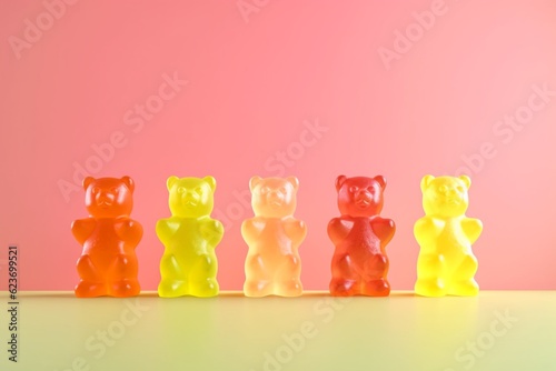 Gummy bears on pastel pink background, minimalistic set, copy space banner. AI generated photo
