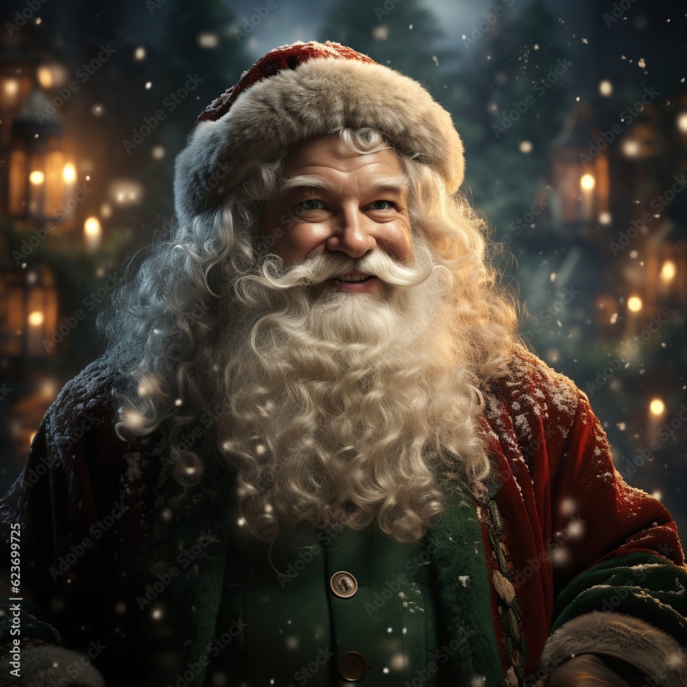 Illustration of a Santa Claus with a Christmas background, AI Generated
