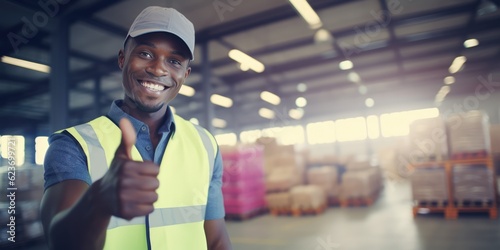 Happy Young male  african american engineer wearing safety workwear standing in the factory and thumbs up to appreciate the success of the teamwork. safety first in the industrial plant, generative ai photo