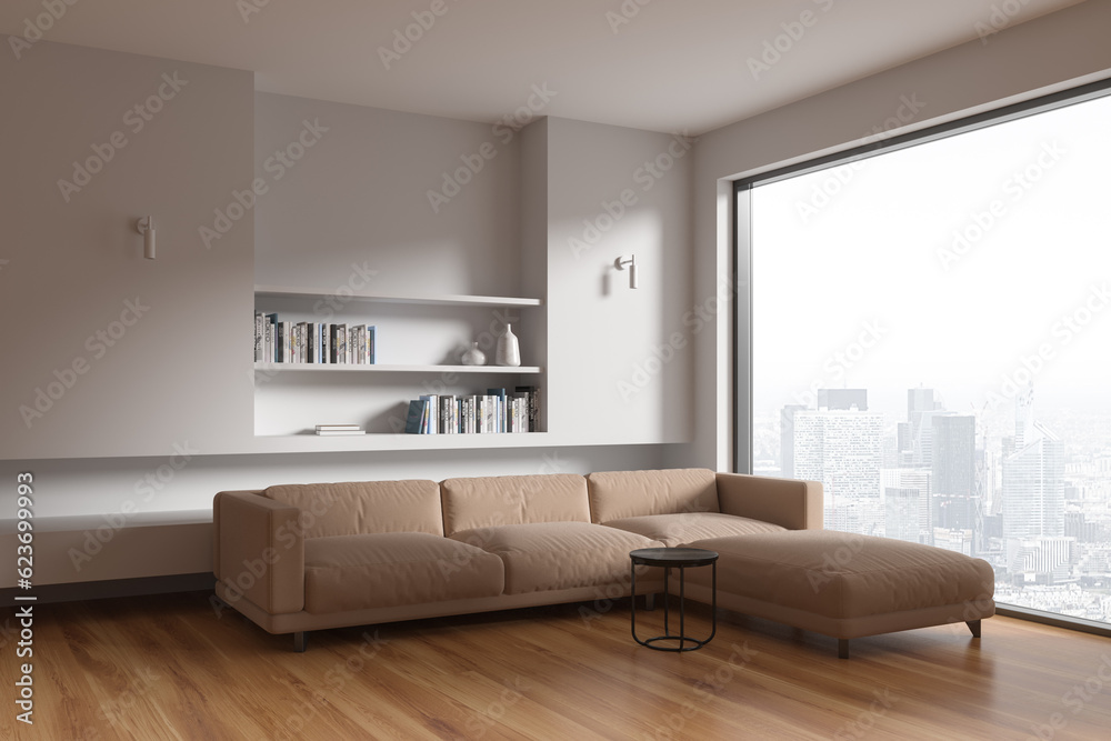 Stylish living room interior with couch and shelf with decor, panoramic window Stylish living room interior with couch and shelf with decor, panoramic window