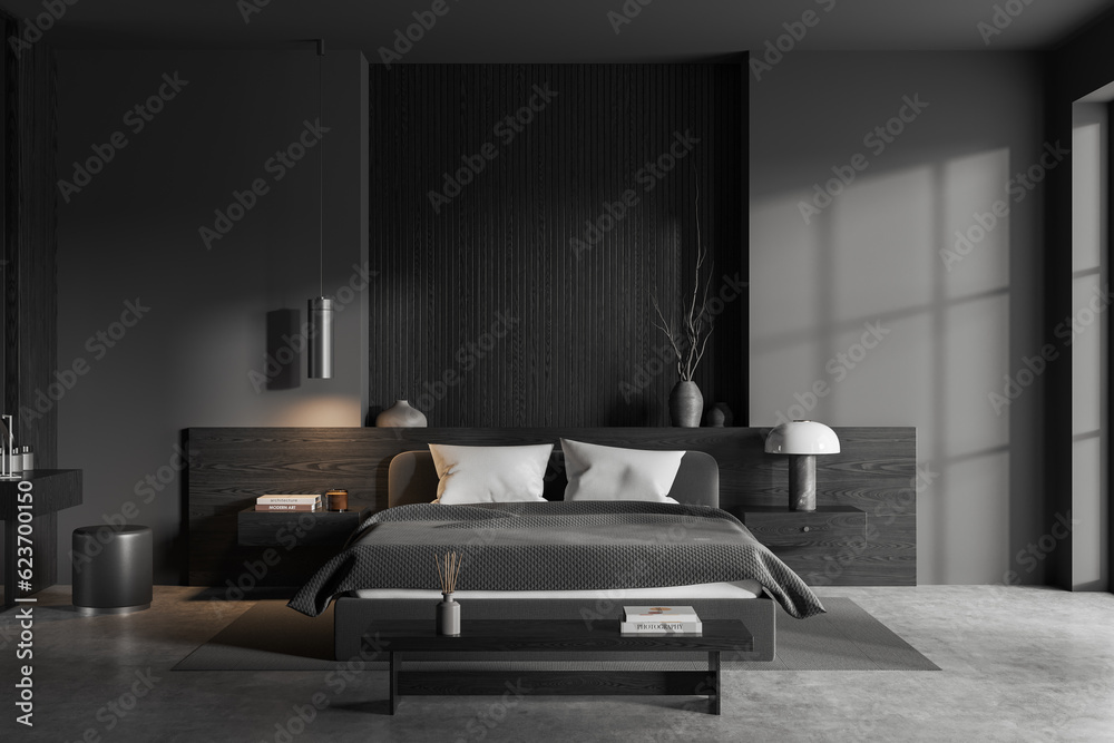 Fototapeta premium Gray and wooden bedroom interior