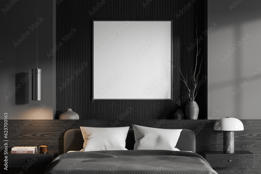 Grey bedroom interior with bed, nightstand and decoration. Mockup frame Grey bedroom interior with bed, nightstand and decoration. Mockup frame
