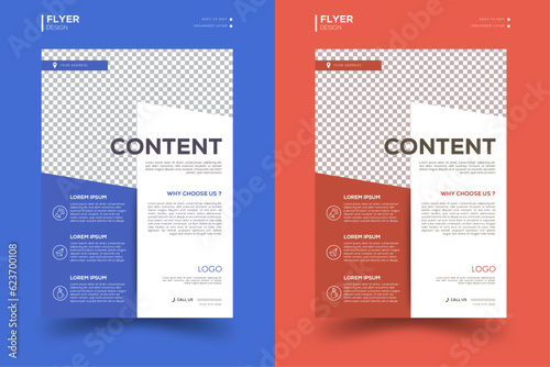 Modern flyer vector template in blue and orange accent .