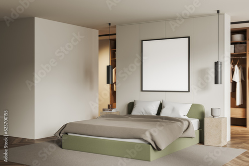 White bedroom interior with walk in closet and poster