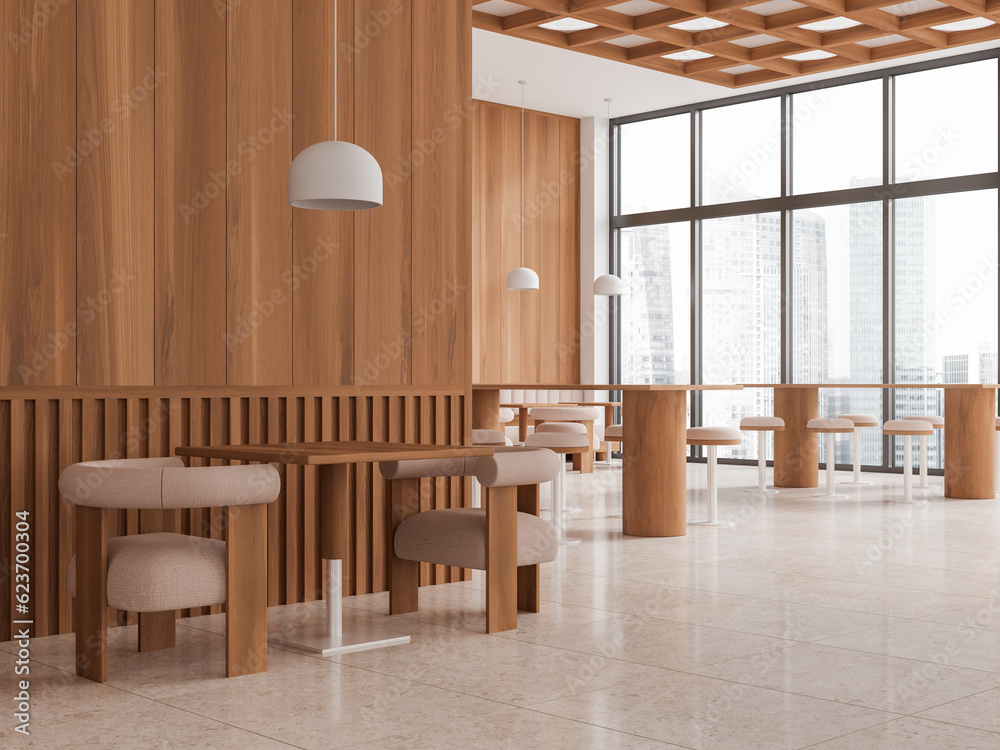 Fototapeta premium White and wooden restaurant corner with sofa, armchairs and stools