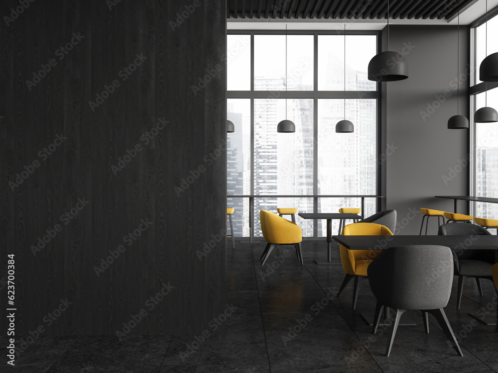 Gray and wooden restaurant interior with blank wall Gray and wooden restaurant interior with blank wall