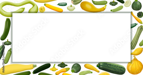 Rectangular banner with different types of summer squash. Cucurbita. Cucurbitaceae. Fruits and vegetables. Isolated vector illustration. Horizontal template.