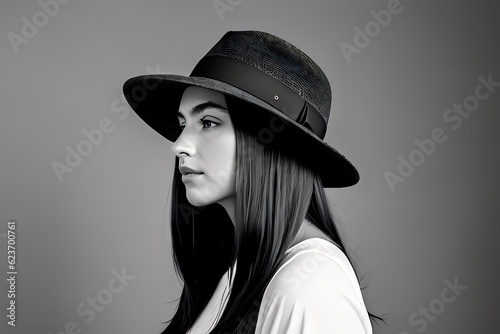 Young woman with straight hairs in hat black and white portrait ai generative © RACCOON