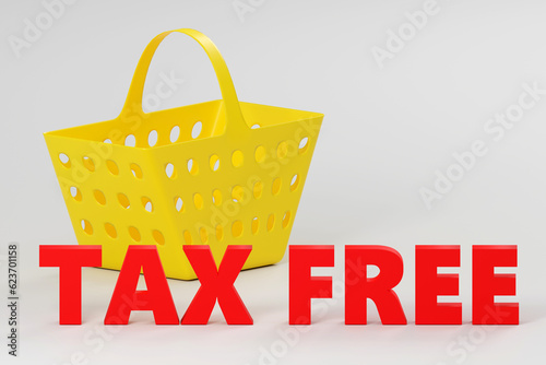 3d tax free concept, a food basket with red text saying tax next to it