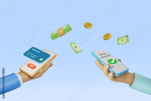 Online banking, money transfer concept. Businessman using smartphone online transfer payment and receive money. Global financial technology. 3D vector.