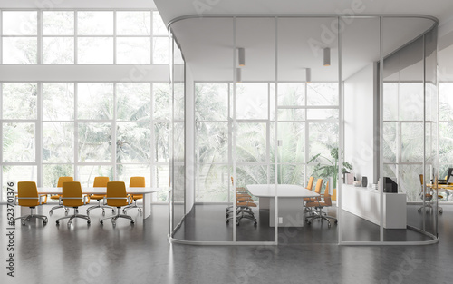 White conference room interior with table and armchairs  panoramic window