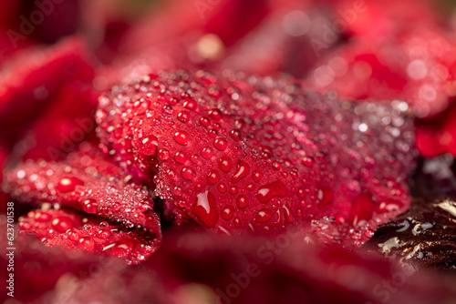 red petals of a rosebud covered with water drops