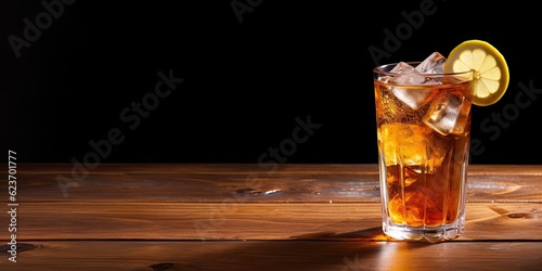 Refreshing delight. Cold ice tea in glass on wooden table with fresh lemon slice. Closeup view