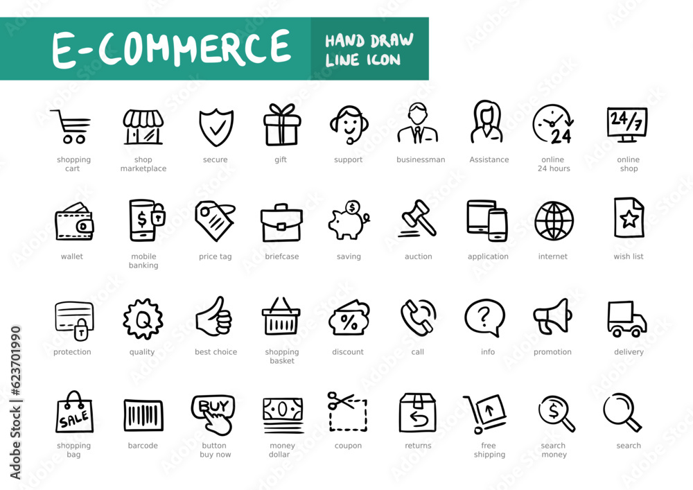 E-commerce hand writting line web icon set. Outline icons collection. Simple vector illustration. Online shopping, delivery, payment.