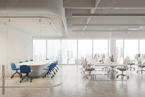 White office interior with conference space and coworking, panoramic window
