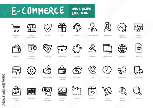 E-commerce hand writting line web icon set. Outline icons collection. Simple vector illustration. Online shopping, delivery, payment.