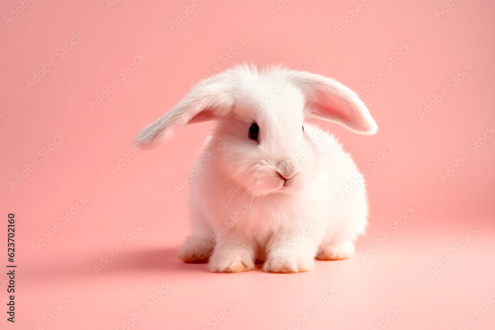 Cute white bunny toy on color background, closeup