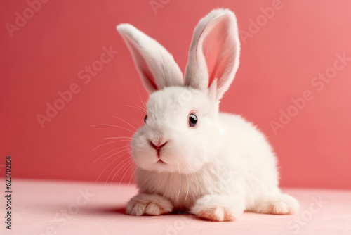 Cute white bunny toy on color background  closeup