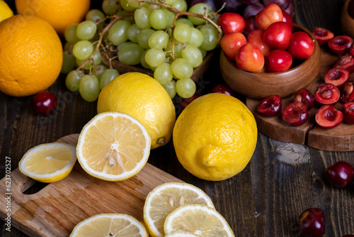 Sliced lemon on a cutting board