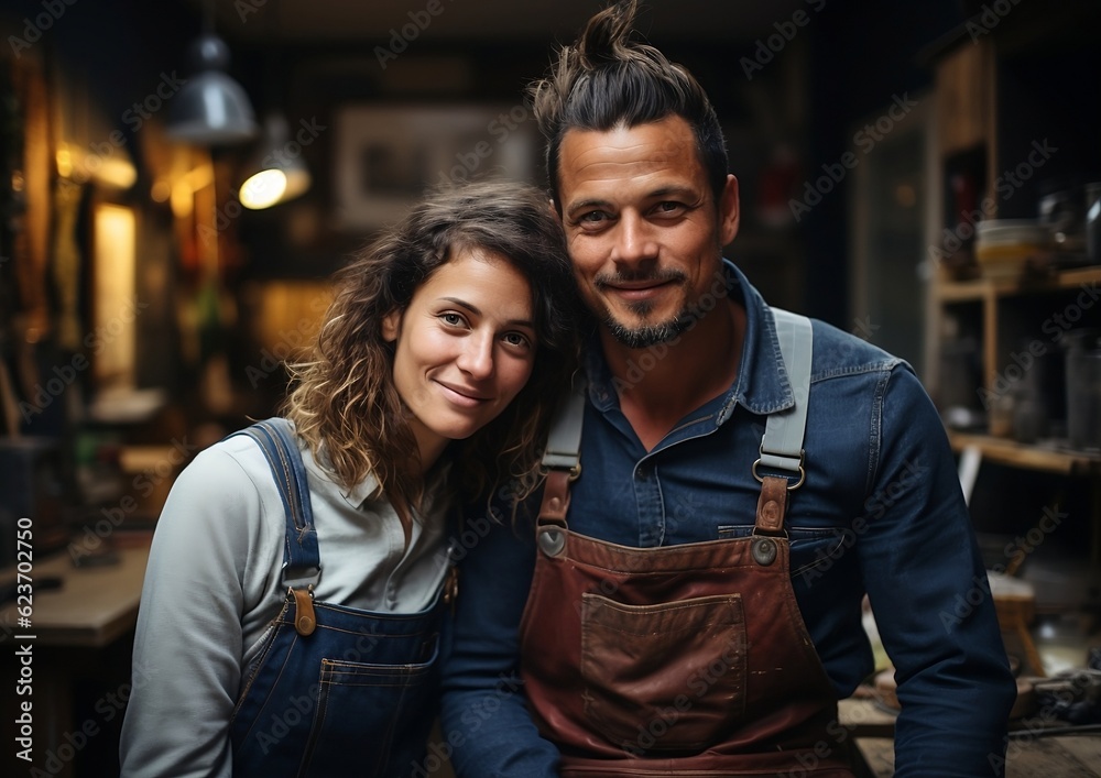 Two Happy young crafters smiling at the camera in their workshop. Created using generative AI. Two Happy young crafters smiling at the camera in their workshop. Created using generative AI.