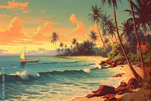 Drawing retro tropical beach summer background. Graphic illustration design. Generative ai.