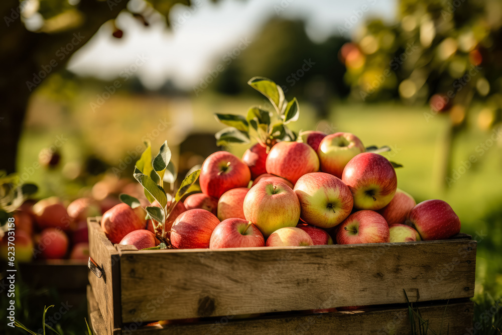 Crate with harvested red apples Crate with harvested red apples