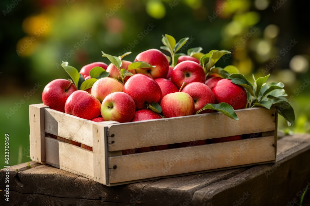 Crate with harvested red apples Crate with harvested red apples