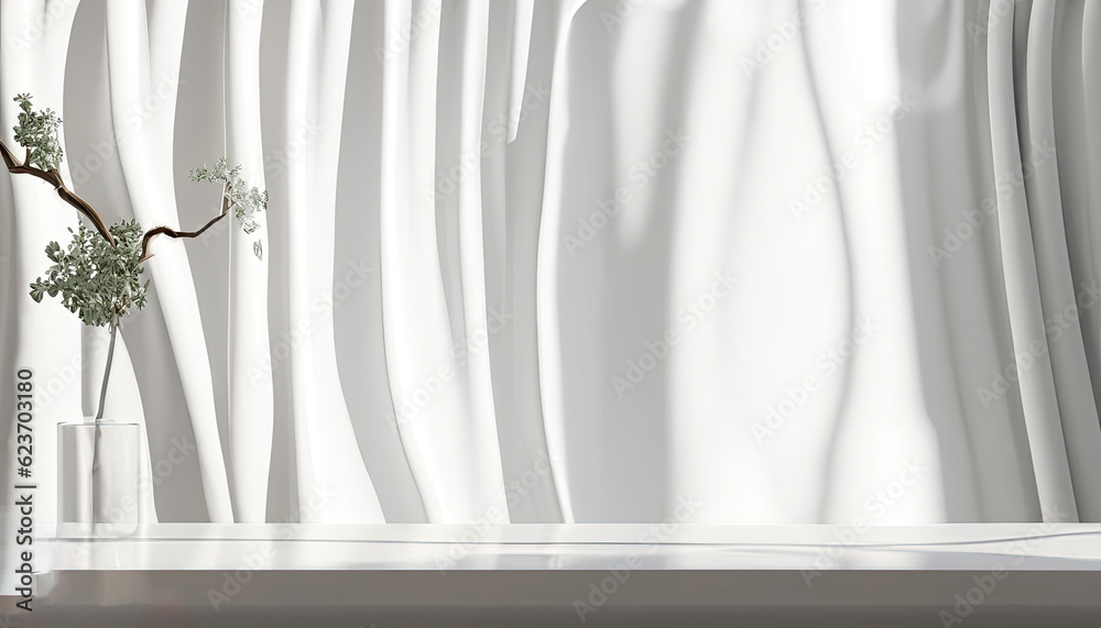 Free Photo Empty white counter table, soft, smooth blowing sheer fabric curtain drapery, tree branch.