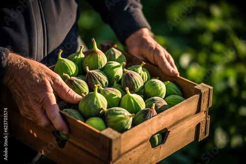 Hands holding a crate with harvested figs