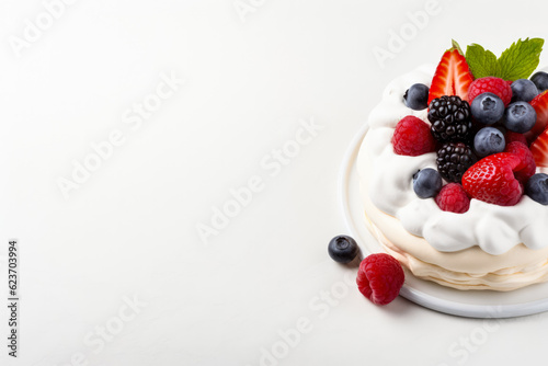 Minimalist delicious pavlova; background with empty space for text