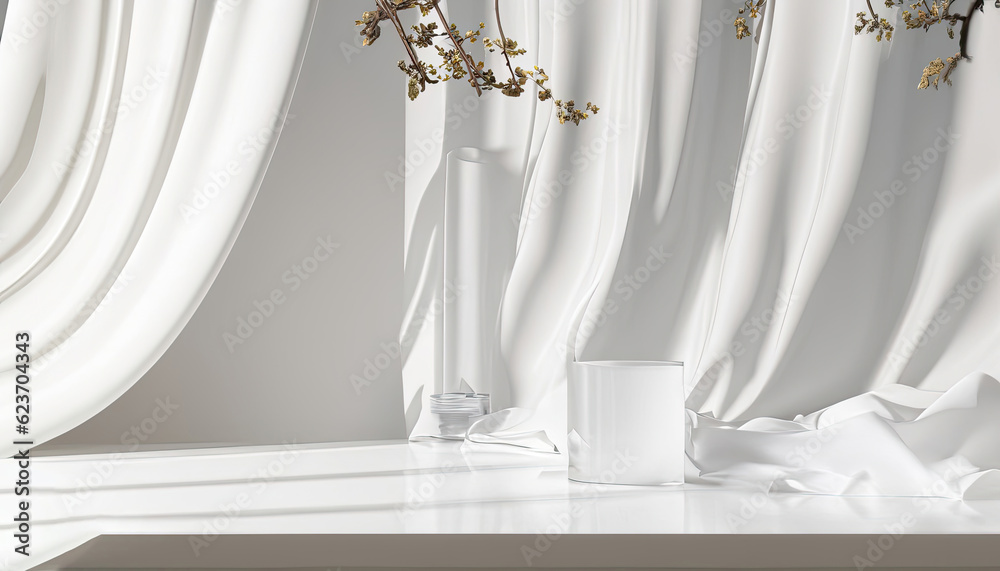 Free Photo Empty white counter table, soft, smooth blowing sheer fabric curtain drapery, tree branch.