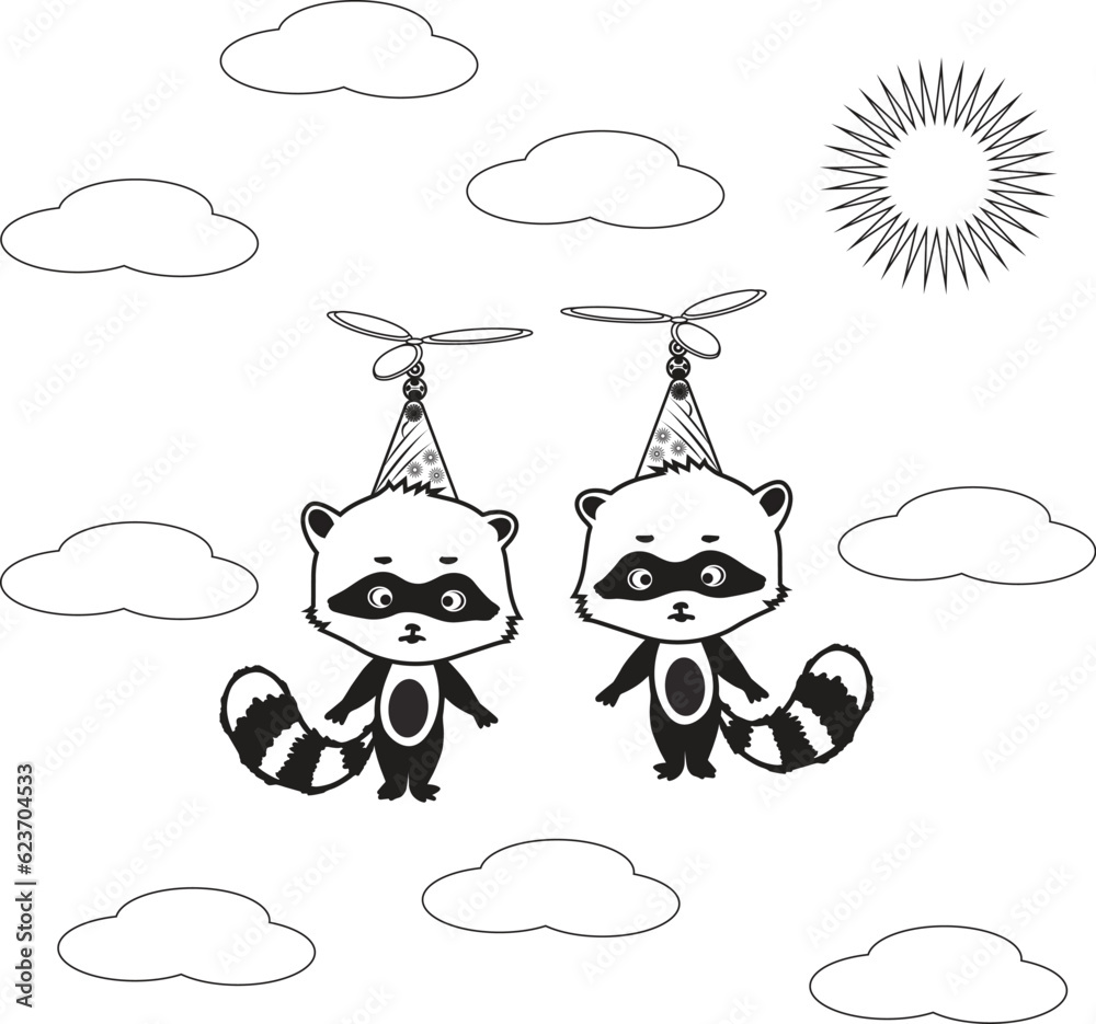 Flying on Sky Raccoon Kids Coloring Page Flying on Sky Raccoon Kids Coloring Page