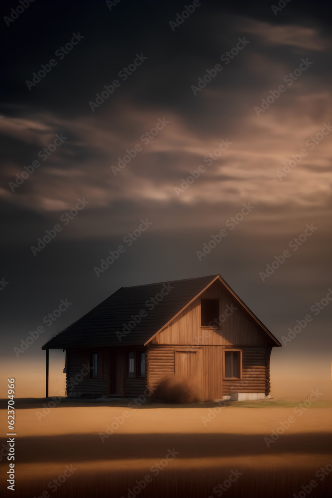 Landscape wood house in field with cloudy dark sky Landscape wood house in field with cloudy dark sky