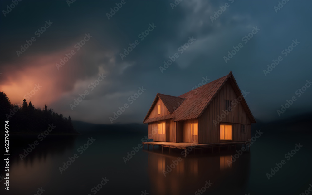 Nature landscape wood house in the middle of lake with night sky Nature landscape wood house in the middle of lake with night sky