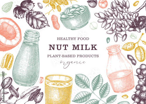 Vegetarian food background. Dairy products banner design. Print template with plant milk in glass, bottle, almond, pecan, coconut, pistachio. Healthy drink, nut milk vector sketches in color