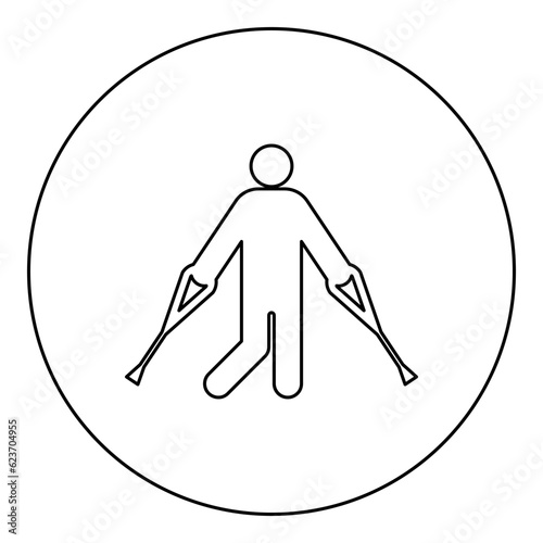 Man with crutchs crutches broken leg in cast gypsum bone injury fracture icon in circle round black color vector illustration image outline contour line thin style