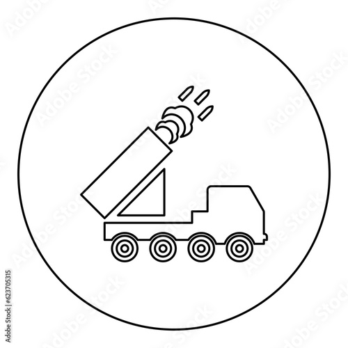 Multiple launch volley reactive rocket system fire shoots missiles icon in circle round black color vector illustration image outline contour line thin style