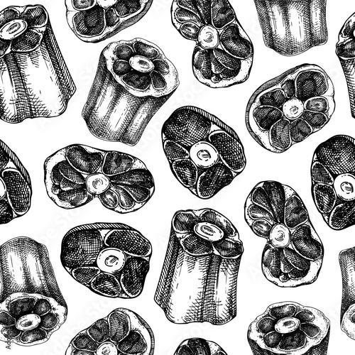 Butchery pattern. Raw oxtail with meat sketches. Organ meat seamless endless background design. Repeating print with hand drawn tail of cattle. Vector food illustration for fabric, textile, packaging