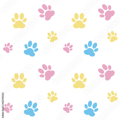 Seamless pattern colorfull dog footprint. Dog paw.Cat footprint. Delicate pastel print.