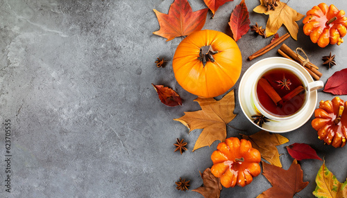 Hot tea with fall foliage, pumpkins, cinnamon sticks and star anise. Colorful autumn leaves for happiness mood. Grey stone table, top view
