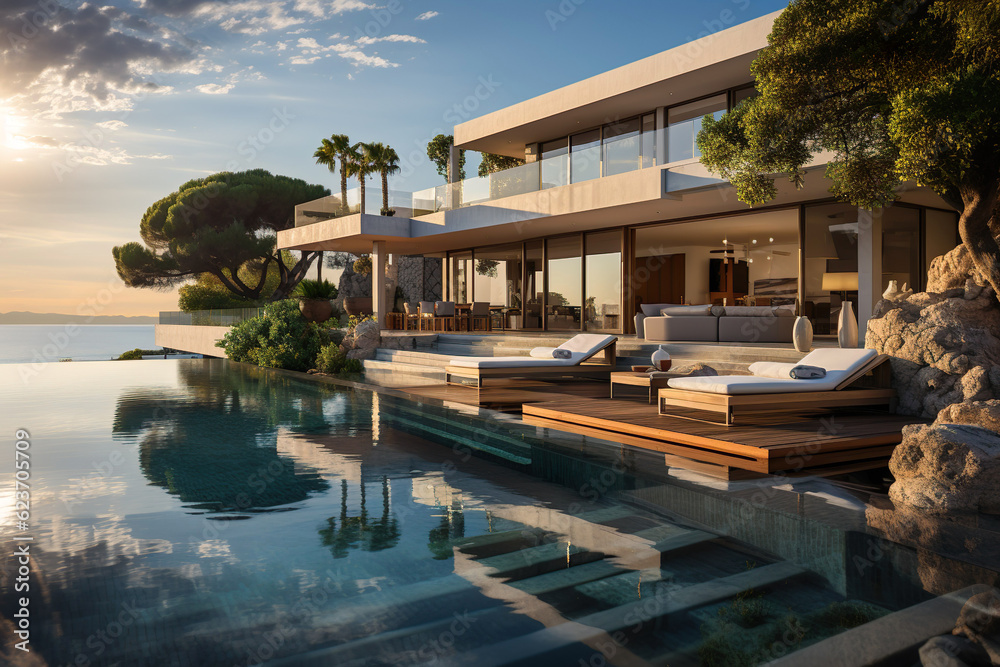 Fototapeta premium Residencial minimalist villa with spetacular swimming pool