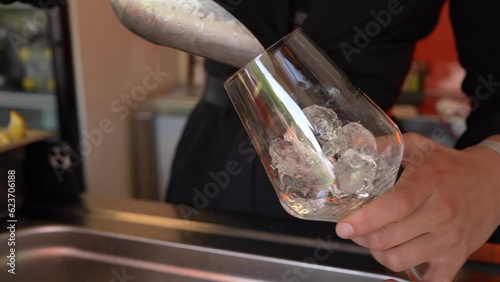 Bartender girl putting ice cubes into a glass