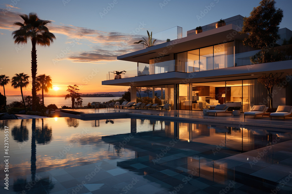 Fototapeta premium Residencial minimalist villa with spetacular swimming pool