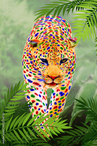 Leopard spots, creatively edited in Photoshop with a stunning palette of vibrant colors, create an enchanting and captivating display of nature's beauty and artistic transformation.