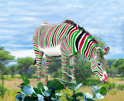 
Zebra stripes, artistically enhanced through Photoshop's editing prowess, dazzle with a striking medley of vibrant colors, forming a captivating and visually stunning showcase of nature's beauty and 