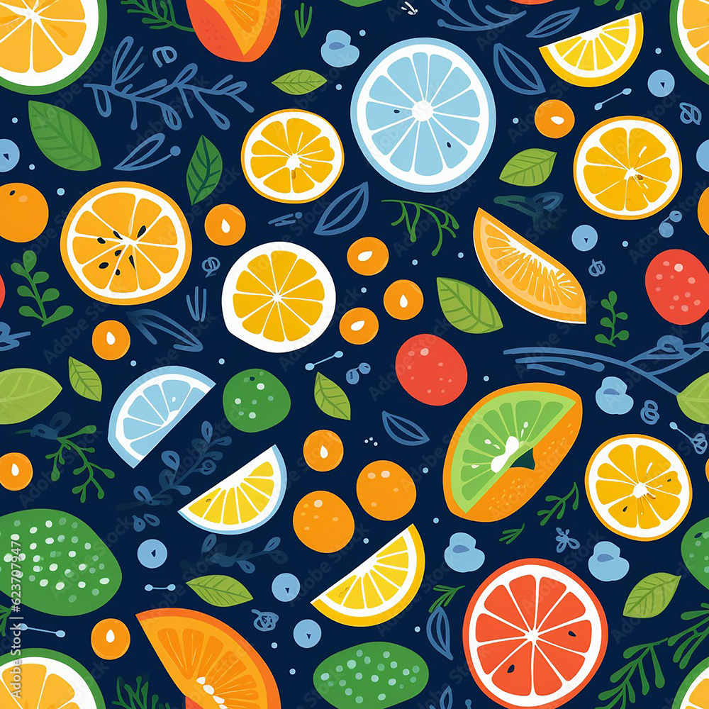 Seamless Pattern of Fruits: Vibrant Colors and Bold Shapes for Versatile Projects