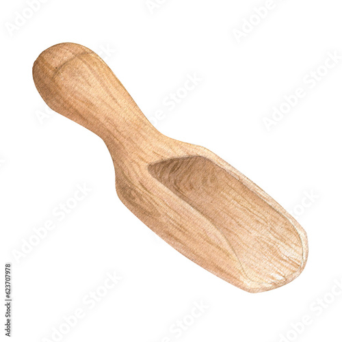 Watercolor illustration of a wooden spatula or scoop for cereals or powders, for flour. Isolated hand drawn illustration